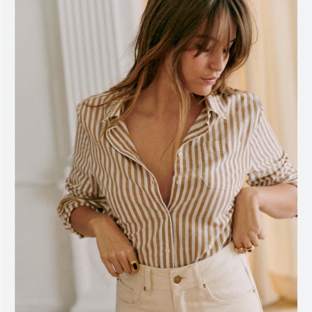Sezane Tomboy Striped Button Down Shirt - Tan and White